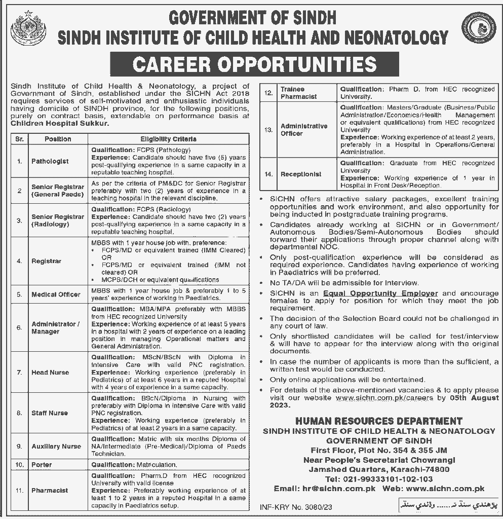 Sindh Institute of Child Health and Neonatology jobs