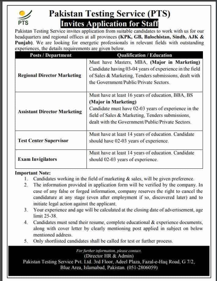 Pakistan Testing Service jobs 2023 Advertisement