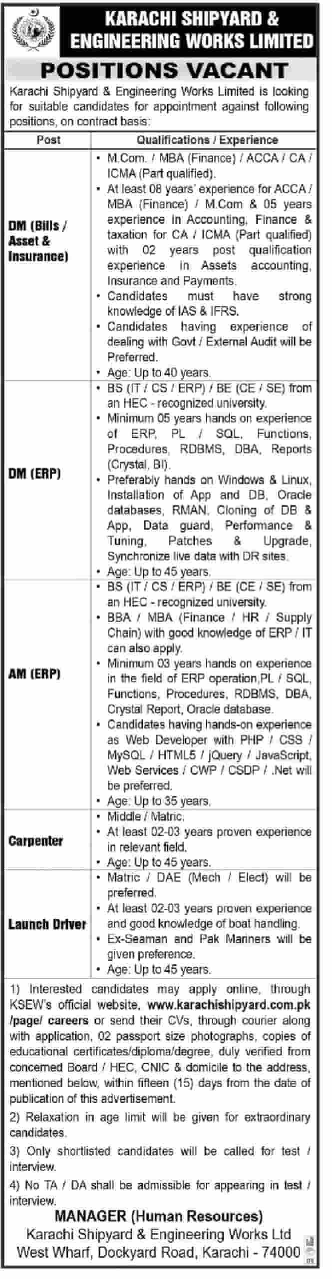 Karachi Shipyard and Engineering Works Department jobs