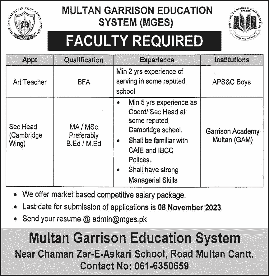 Multan Garrison Education System Jobs