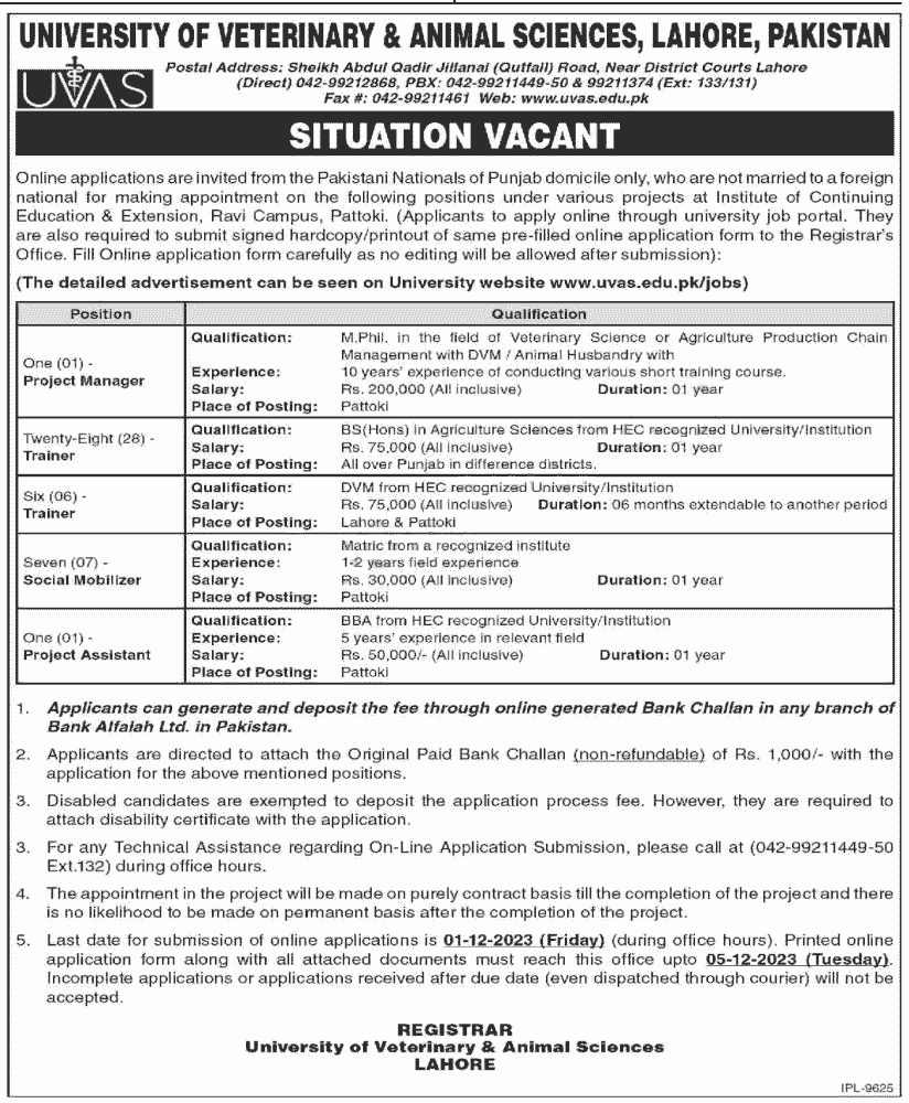 UVAS Jobs 2023 Advertisement